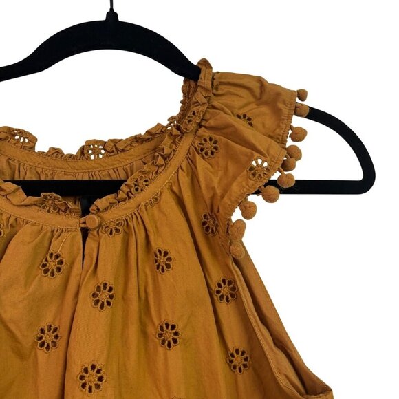 J.Crew Eyelet Pom-Pom flutter sleeve Poplin Cotton Golden Yellow Top Size S - Picture 4 of 12